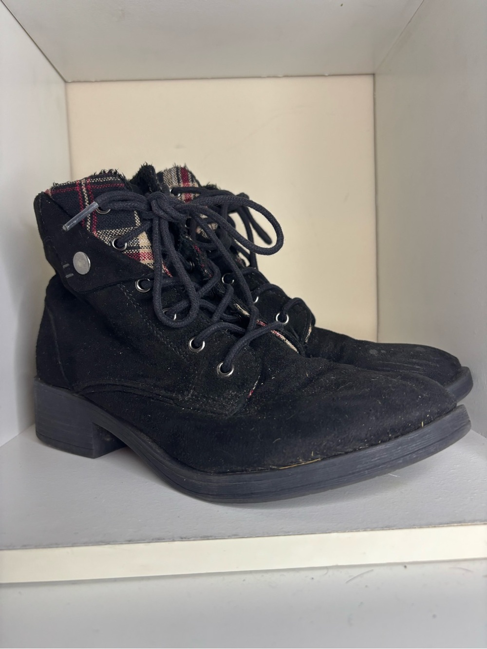 Black Lace-Up Boots with Plaid Cuff